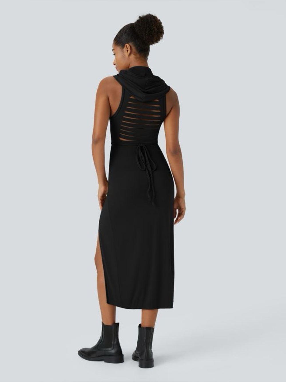 Halara Ribbed Hooded High Neck Sleeveless Cut Out Tie Back Midi Casual Dress